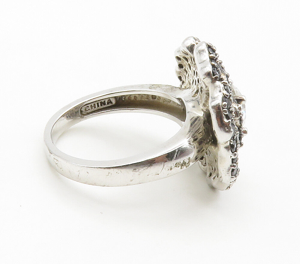 925 Silver  Cubic Zirconia & Hematite Flower Motif Cocktail Ring Sz 6  RG15123
