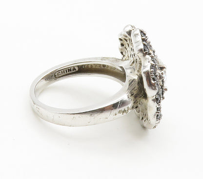 925 Silver  Cubic Zirconia & Hematite Flower Motif Cocktail Ring Sz 6  RG15123
