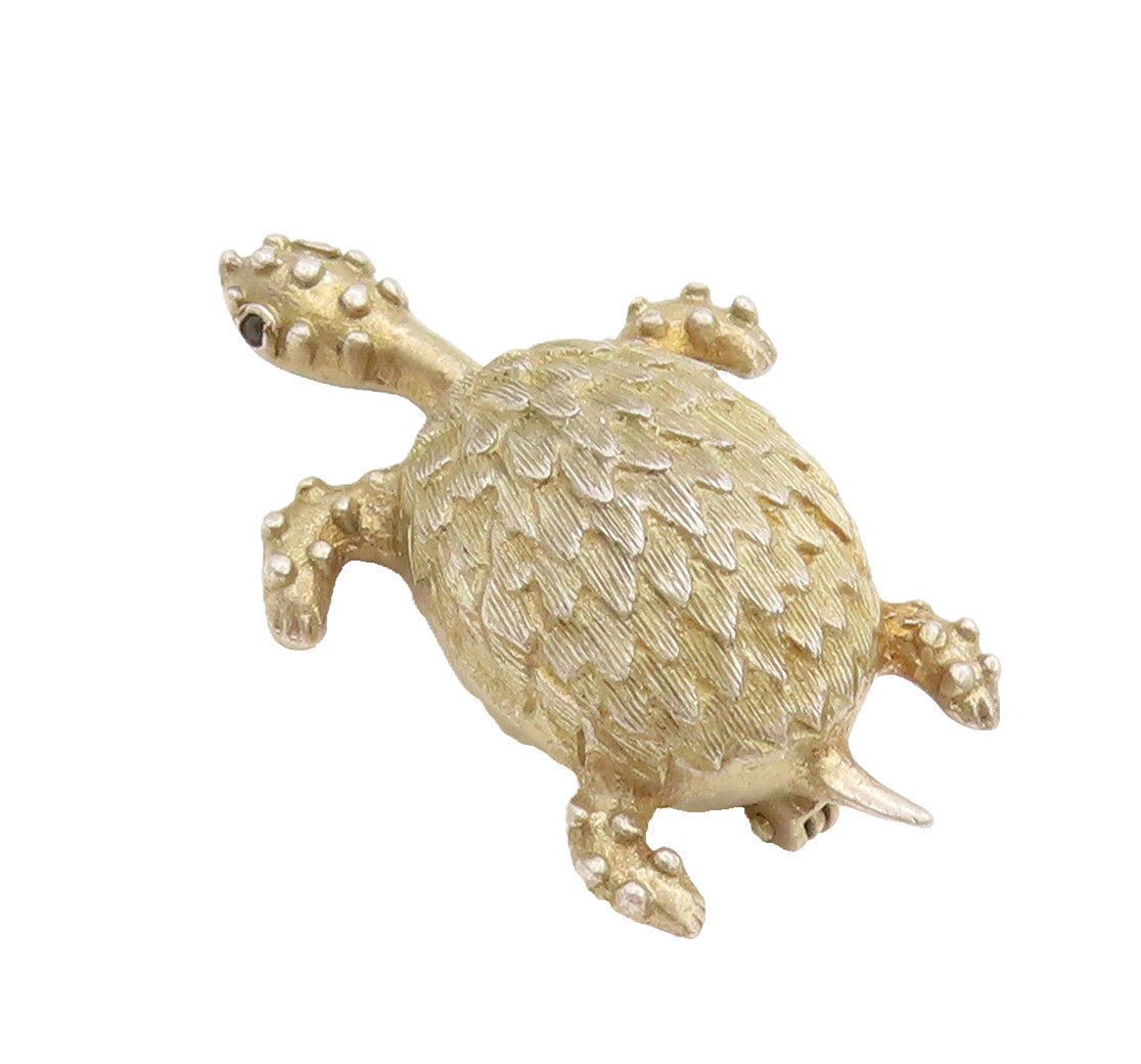EUROPE 925 Silver  Vintage Gold Plated Carved Beaded Turtle Brooch Pin BP10306