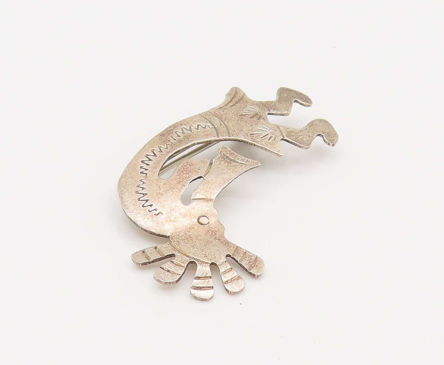 NAVAJO 925 Sterling Silver Vintage Etched Kokopelli Dancer Brooch Pin BP10143