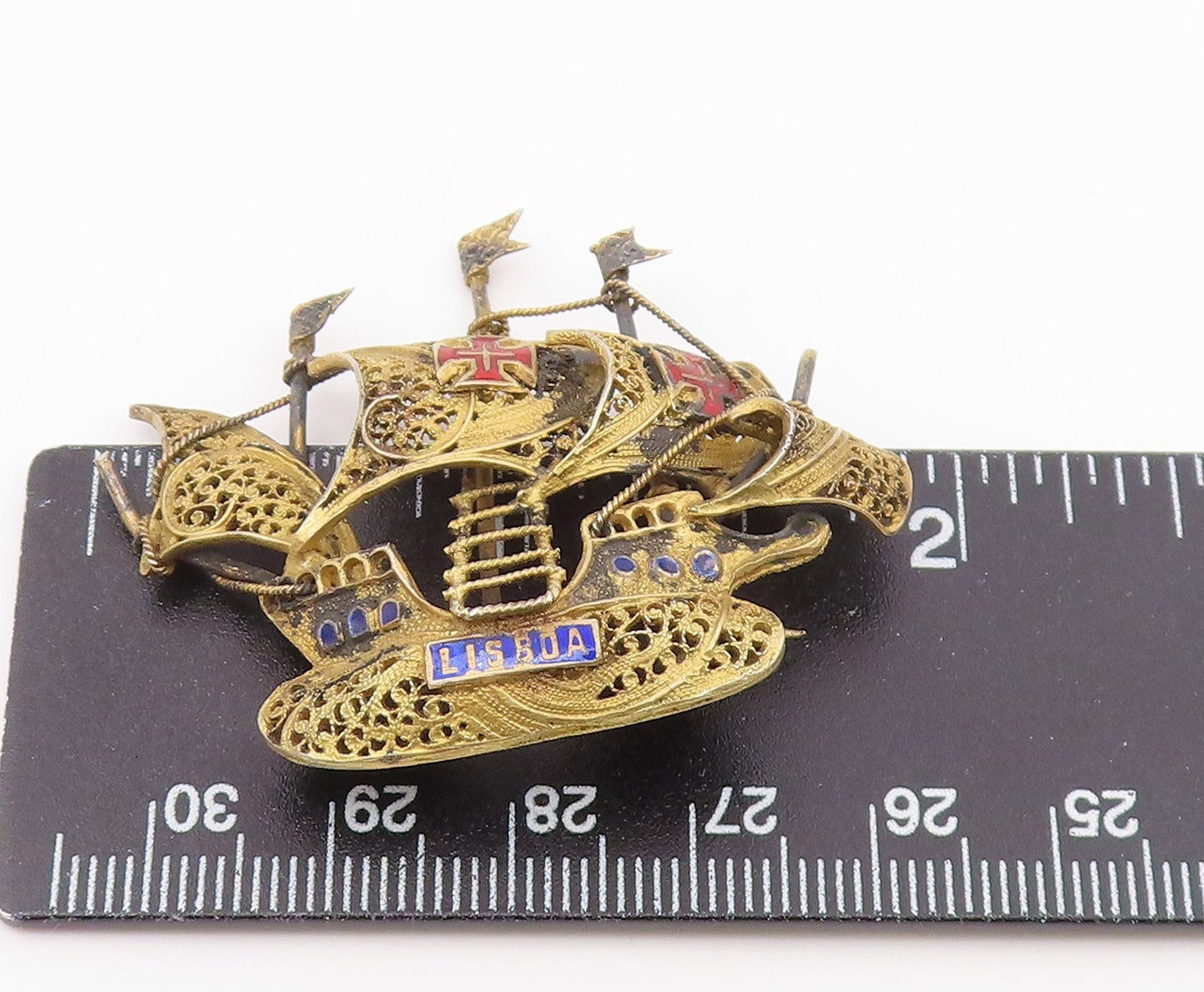 925 Sterling Silver  Vintage Antique Filigree Sailing Ship Brooch Pin  BP7896