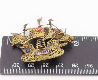 925 Sterling Silver  Vintage Antique Filigree Sailing Ship Brooch Pin  BP7896