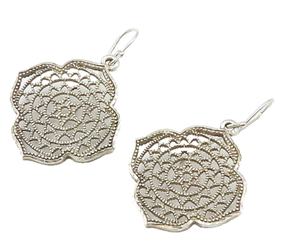 925 Sterling Silver  Vintage Shiny Open Flower Design Dangle Earrings  EG10625