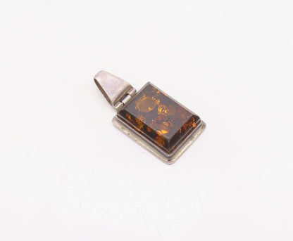925 Sterling Silver Vintage Pendant Rectangle Cabochon Honey Amber  PT23551