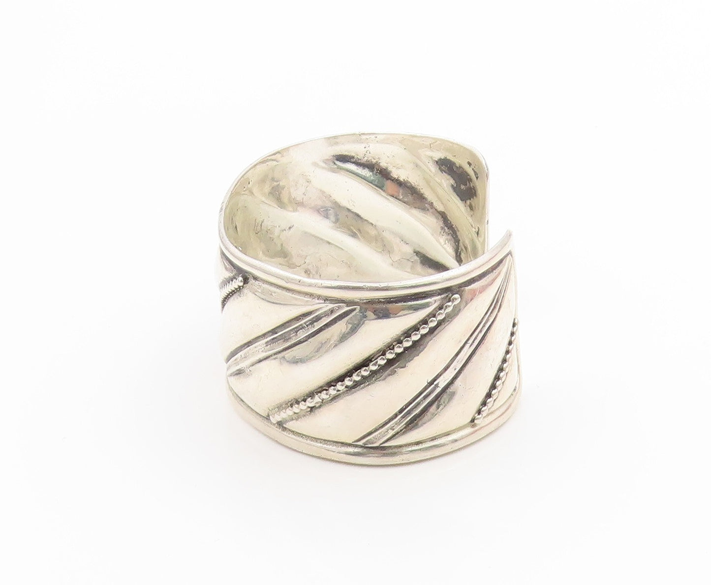 925 Sterling Silver Vintage Bracelet HAND & HAMMER Diagonal Grooved Cuff BT11769