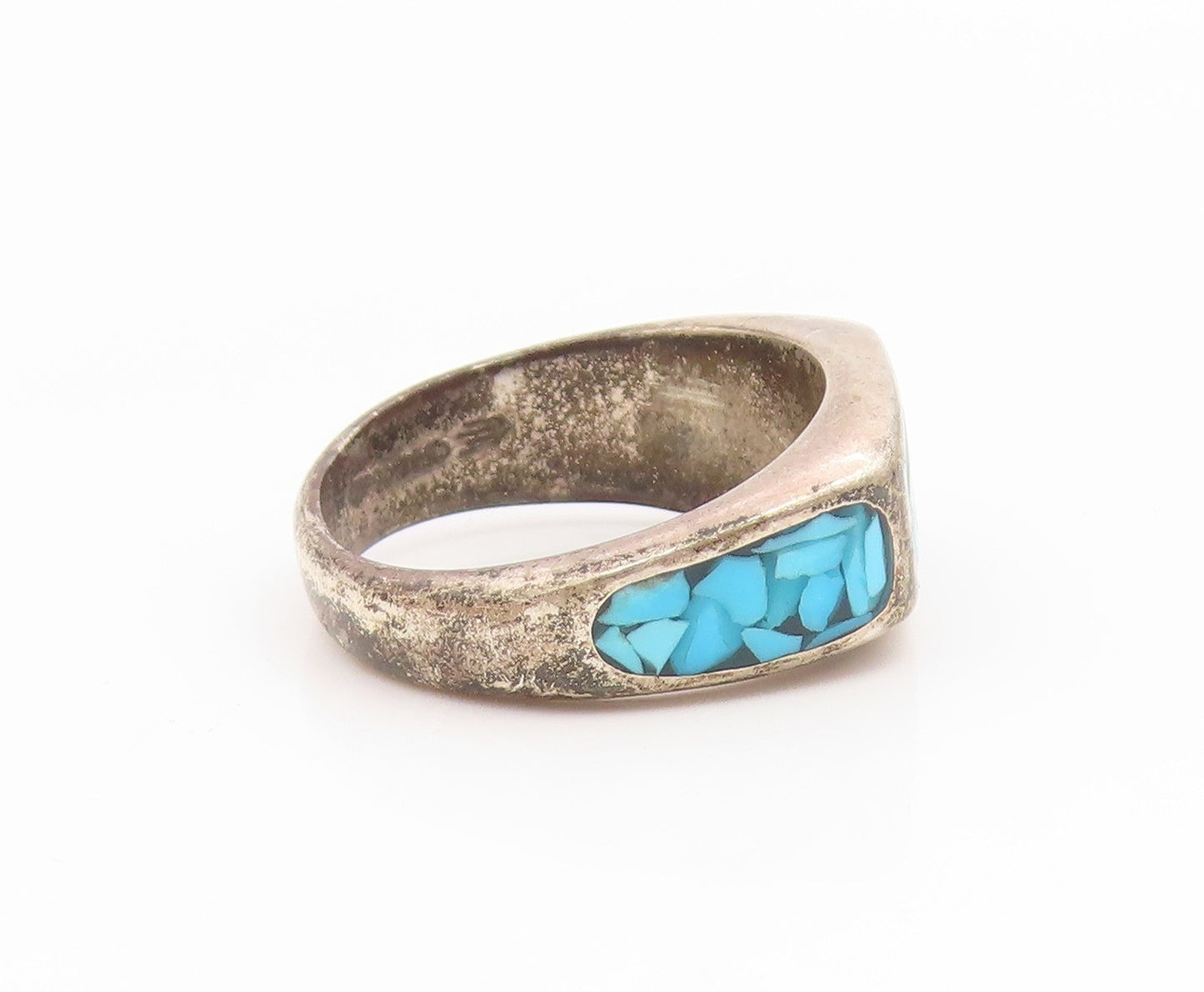 925 Sterling Silver Vintage Ring Crushed Turquoise Inlay Band  Sz 6  RG35176