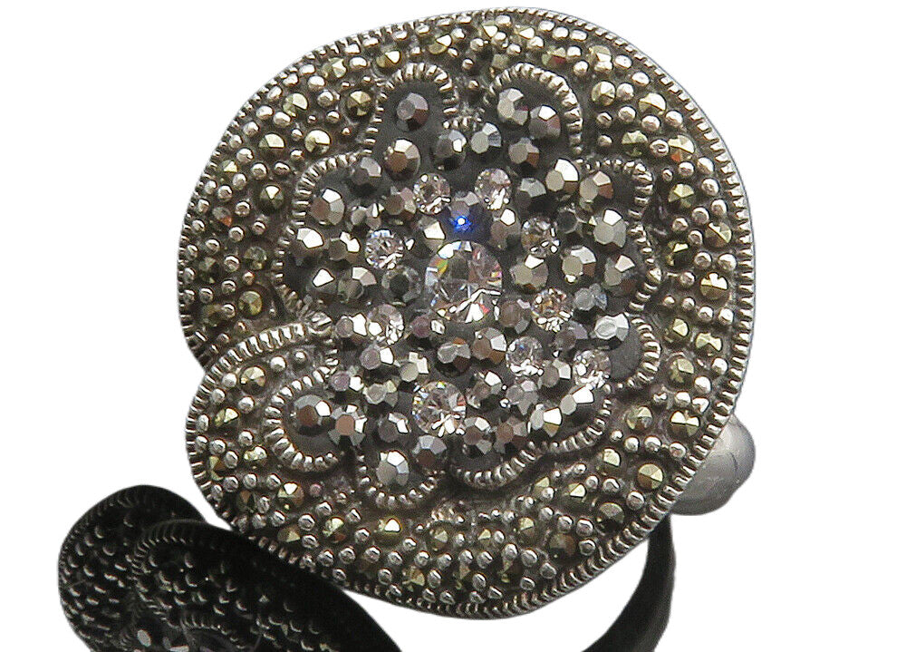 925 Silver  Cubic Zirconia & Marcasite Floral Cocktail Ring Sz 6.5  RG12418