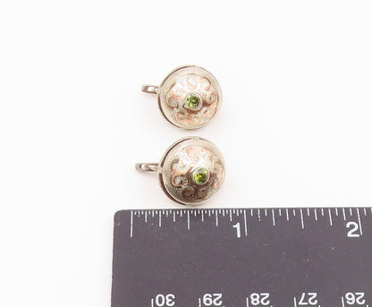 925 Sterling Silver Vintage Earrings Round Peridot Scrollwork Leverback  EG14446