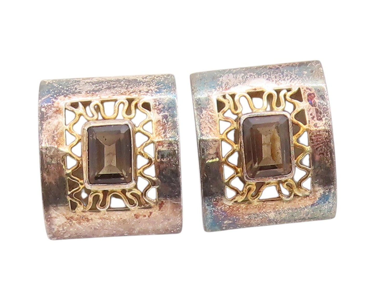 925 Sterling Silver Vintage Earrings Smoky Quartz Geometric Cut Out Stud EG13709
