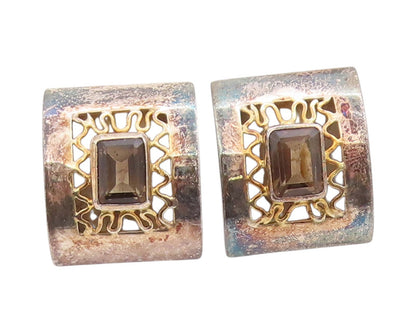 925 Sterling Silver Vintage Earrings Smoky Quartz Geometric Cut Out Stud EG13709