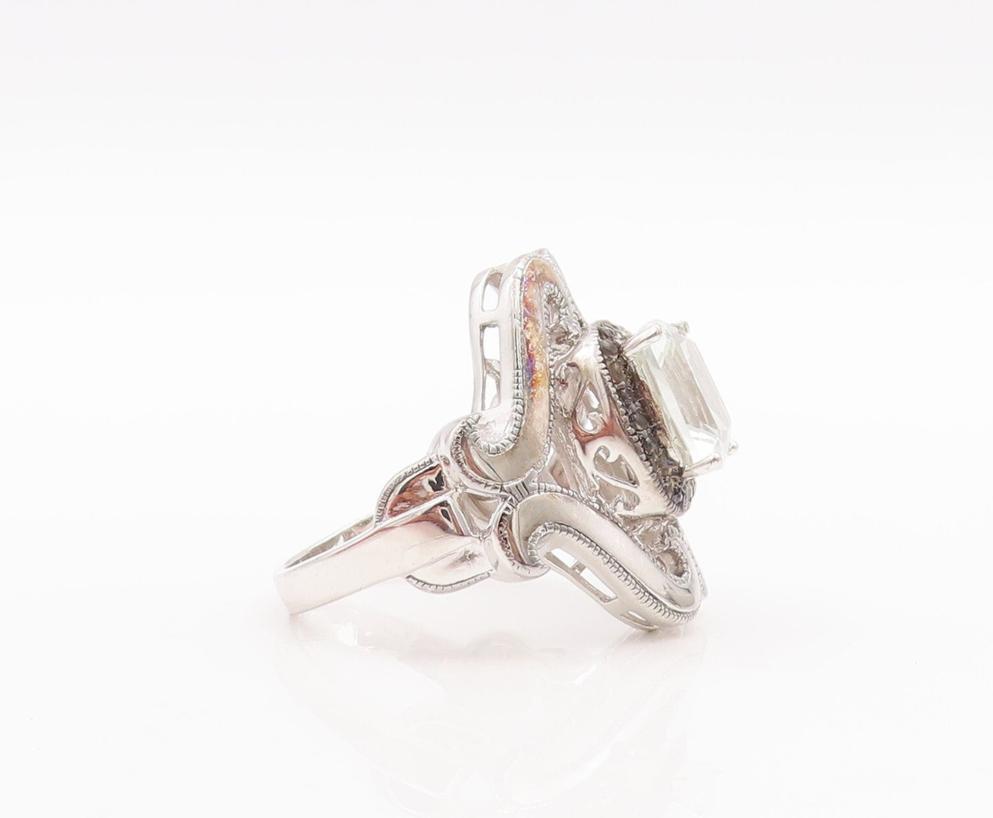 925 Sterling Silver Vintage Ring Swirly Green Amethyst & Diamonds Sz 9.5 RG29611