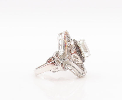 925 Sterling Silver Vintage Ring Swirly Green Amethyst & Diamonds Sz 9.5 RG29611