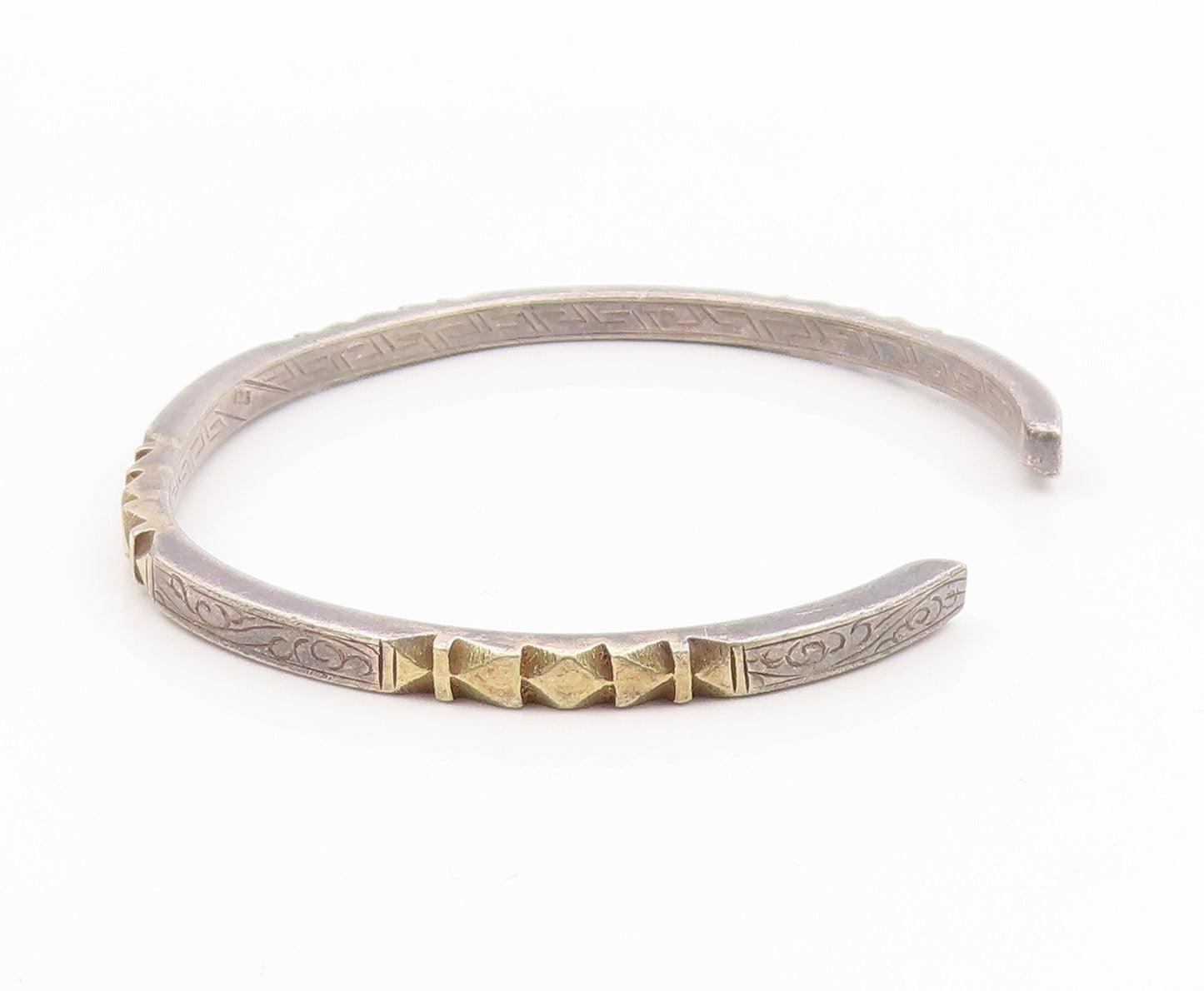 925 Sterling Silver Vintage Bracelet Two Tone Geometric Carved Cuff  BT11808