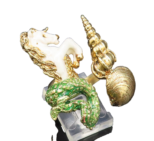 925 Silver  Vintage Gold Plated Enamel Unicorn & Seashell Ring Sz 6  RG25534