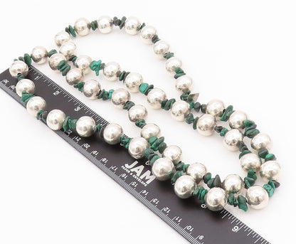 925 Sterling Silver Vintage Necklace MEXICO Beads & Malachite  NE4475