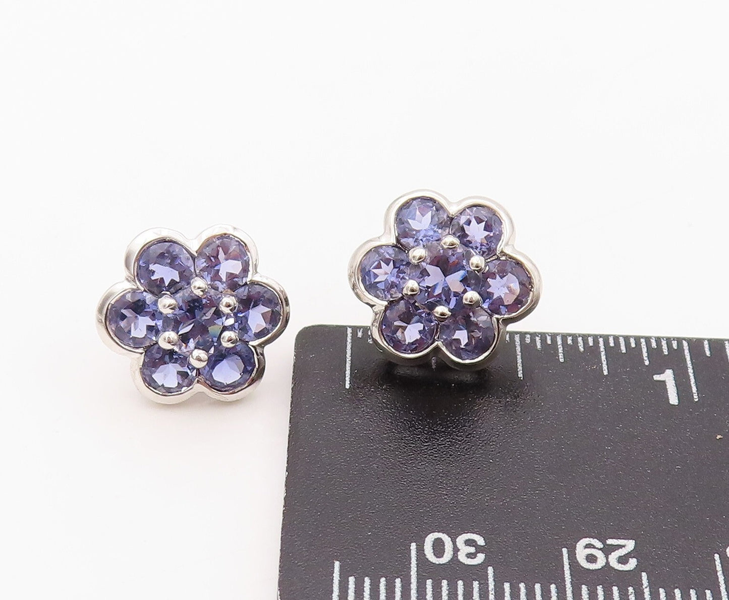 925 Sterling Silver Vintage Earrings Modernist Amethyst Inlay Flower  EG13447