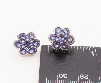 925 Sterling Silver Vintage Earrings Modernist Amethyst Inlay Flower  EG13447