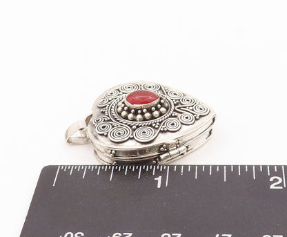 925 Sterling Silver Vintage Pendant Garnet Swirly Carved Heart (OPENS)  PT23448
