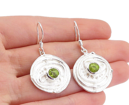 925 Sterling Silver  Peridot Raised Design Round Shiny Dangle Earrings  EG2551