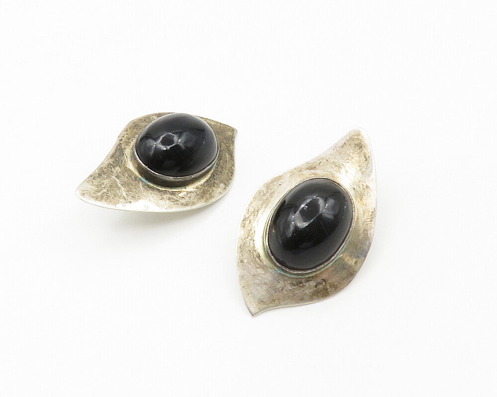 MEXICO 925 Silver   Vintage Cabochon Black Onyx Modernist Drop Earrings EG7464
