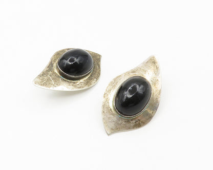 MEXICO 925 Silver   Vintage Cabochon Black Onyx Modernist Drop Earrings EG7464