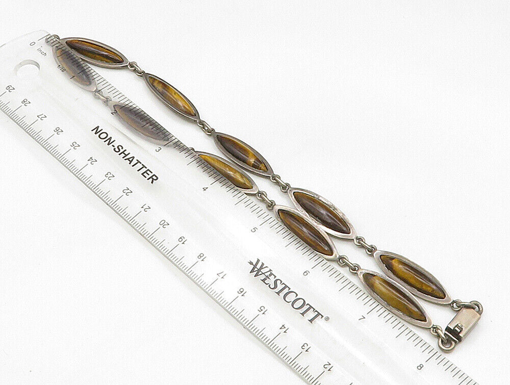 MEXICO 925 Sterling Silver Vintage Tiger's Eye Needlepoint Link Necklace  NE3850