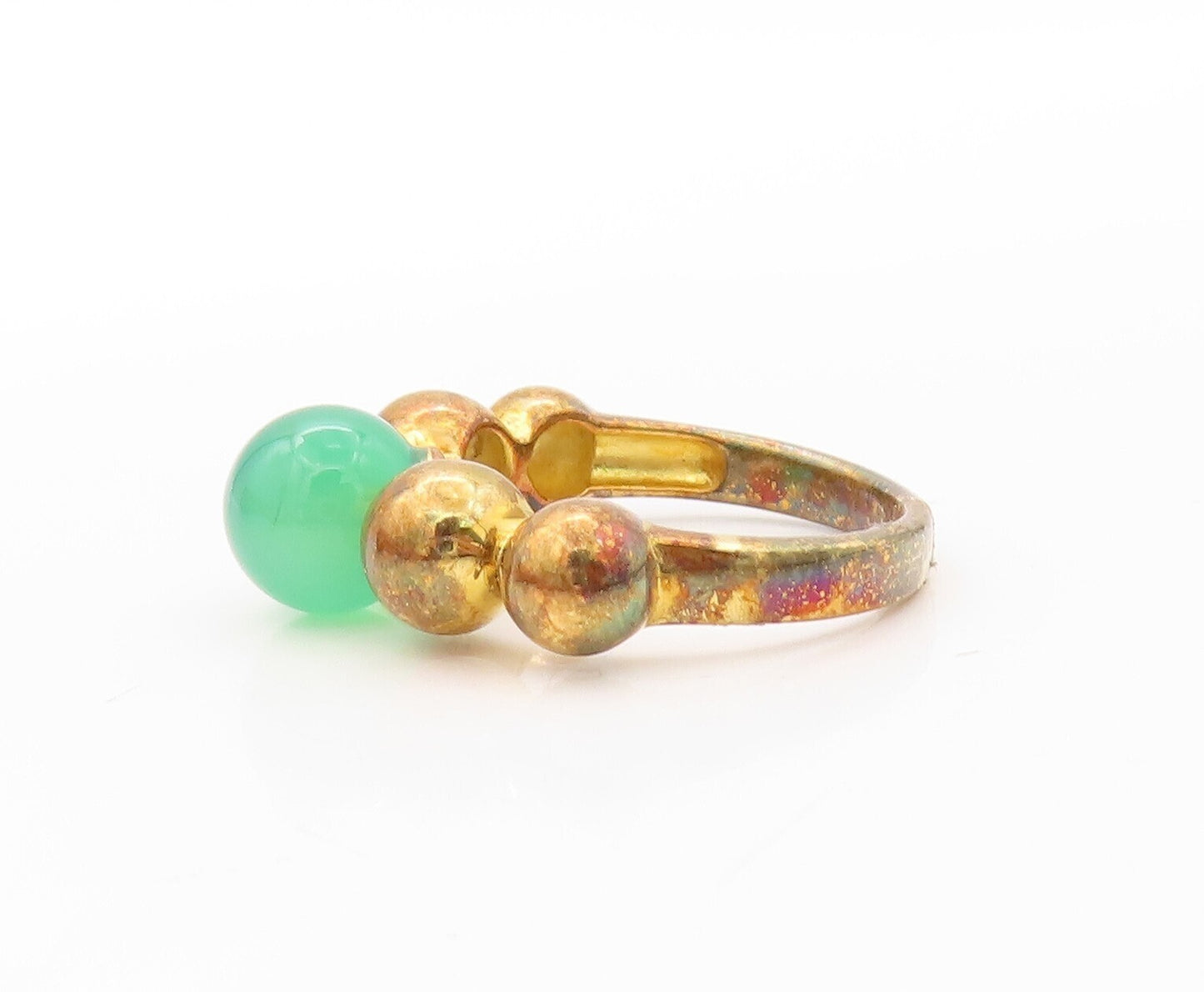 925 Sterling Silver Vintage Ring Gold Plated Bead Carved Jade Sz 7 RG30587