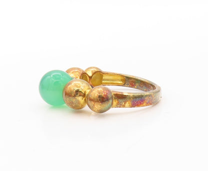 925 Sterling Silver Vintage Ring Gold Plated Bead Carved Jade Sz 7 RG30587