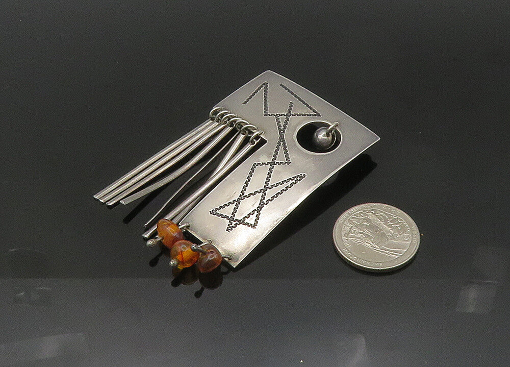 925 Sterling Silver  Vintage Modernist Dangling Amber Brooch Pin  BP8307