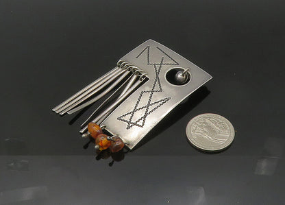 925 Sterling Silver  Vintage Modernist Dangling Amber Brooch Pin  BP8307