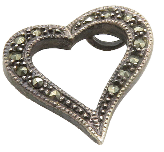 925 Sterling Silver  Vintage Marcasite Open Love Heart Pendant  PT12943
