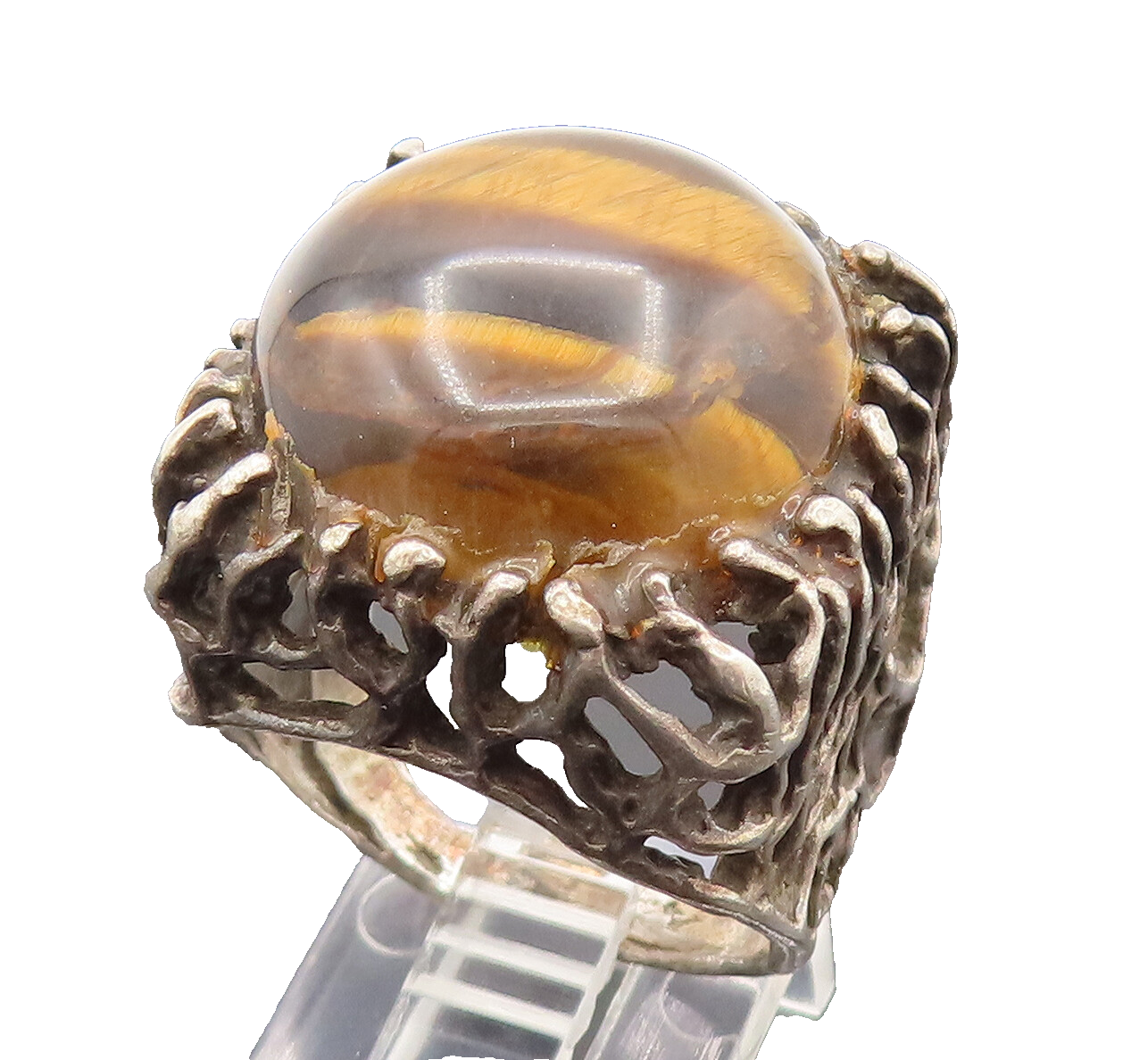ISRAEL 925 Silver  Vintage Openwork Shank Tiger's Eye Ring Sz 8.5  RG26217