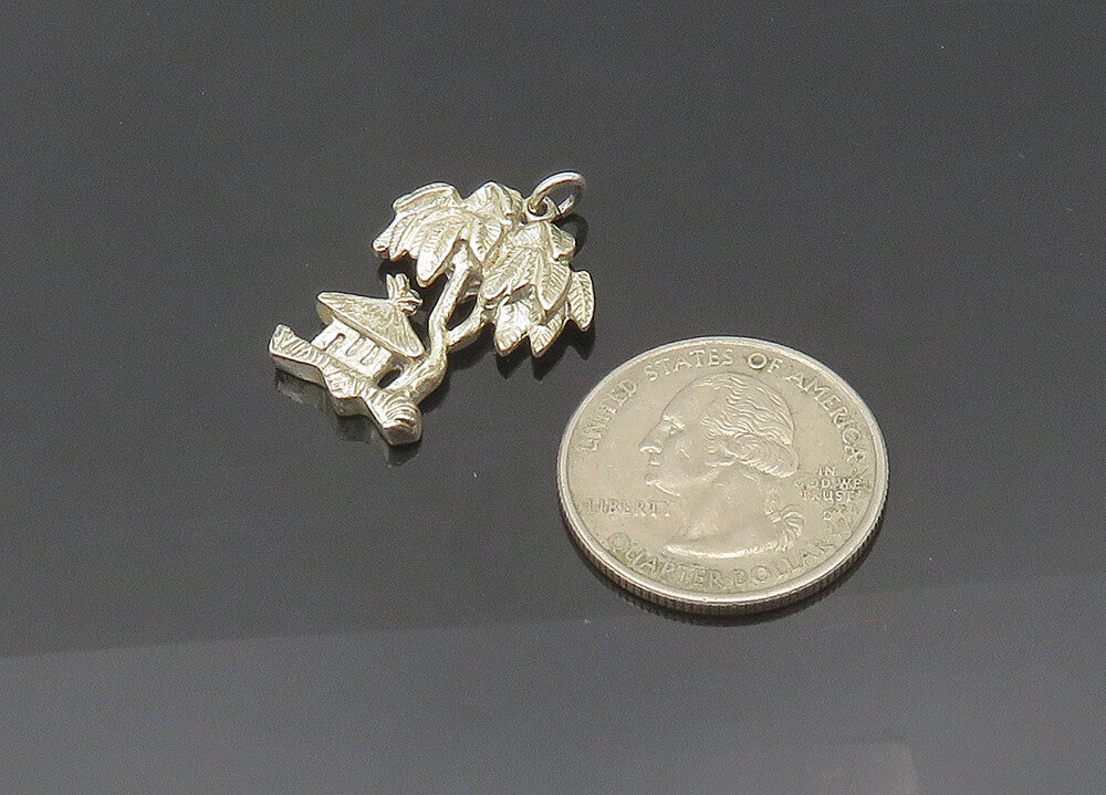 925 Sterling Silver  Vintage Shiny Palm Tree & Hut Scene Pendant  PT16326