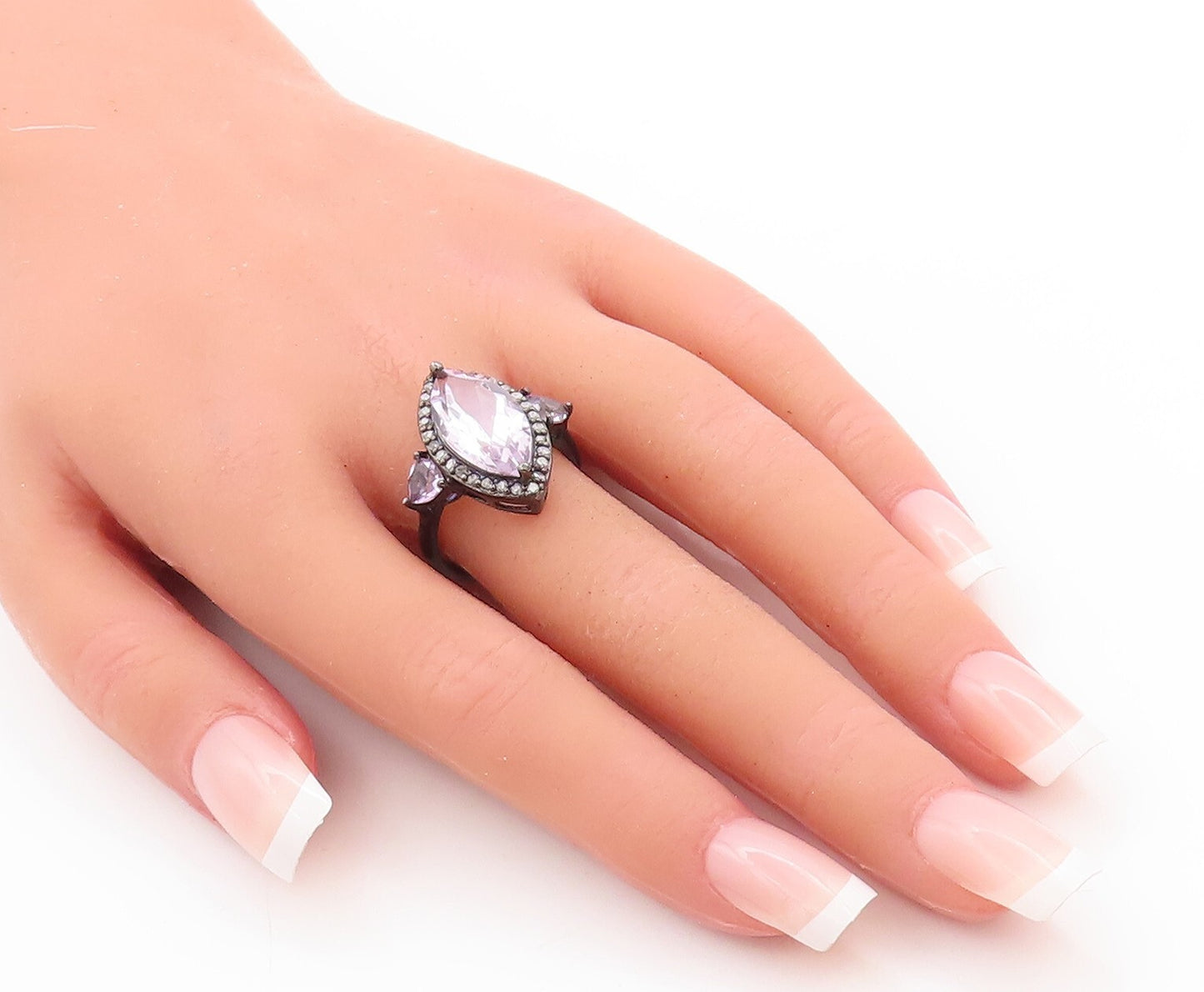 925 Sterling Silver Vintage Ring Marquise Amethyst Halo Diamonds  Sz 8  RG29816