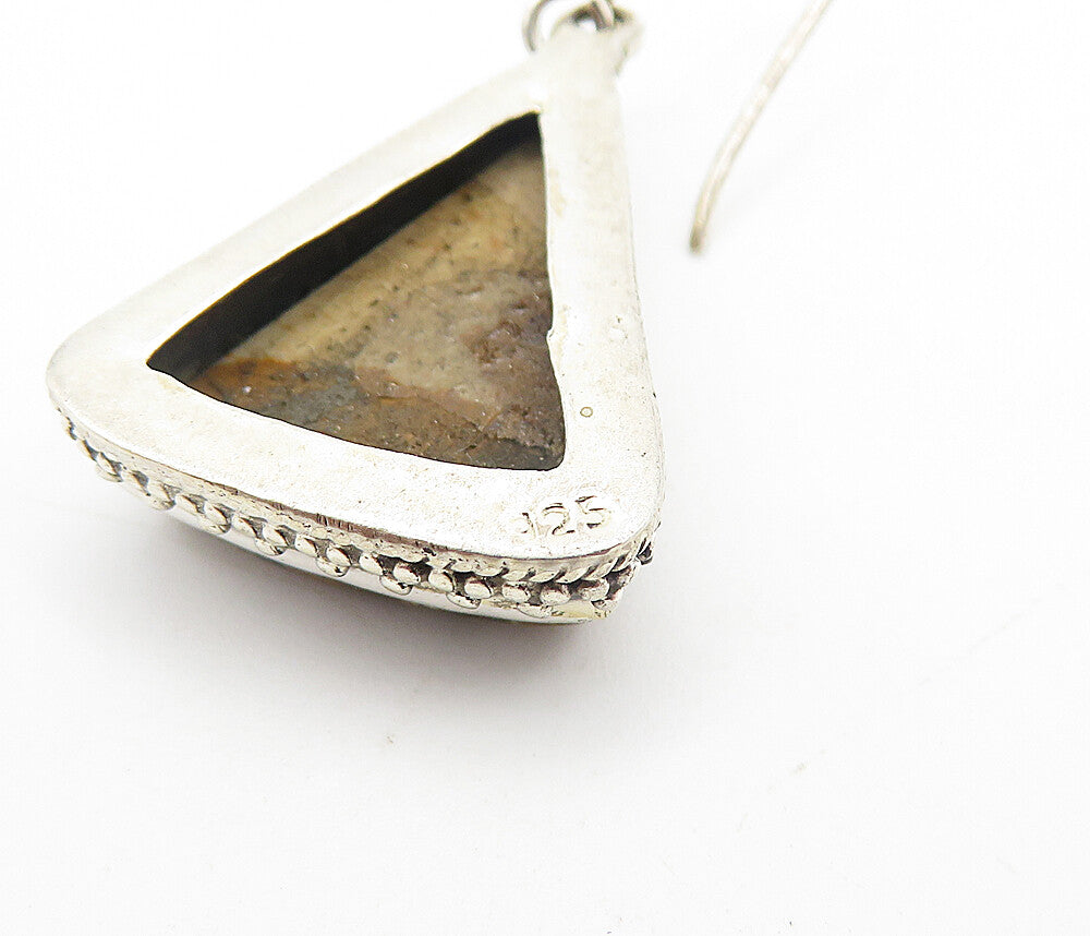 925 Sterling Silver  Vintage Brown Jasper Triangle Dangle Earrings  EG3189