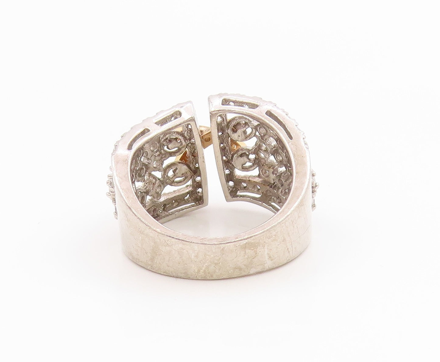 925 Sterling Silver Vintage Ring Two Tone CZ Crisscross Wide Band  Sz 7  RG36244