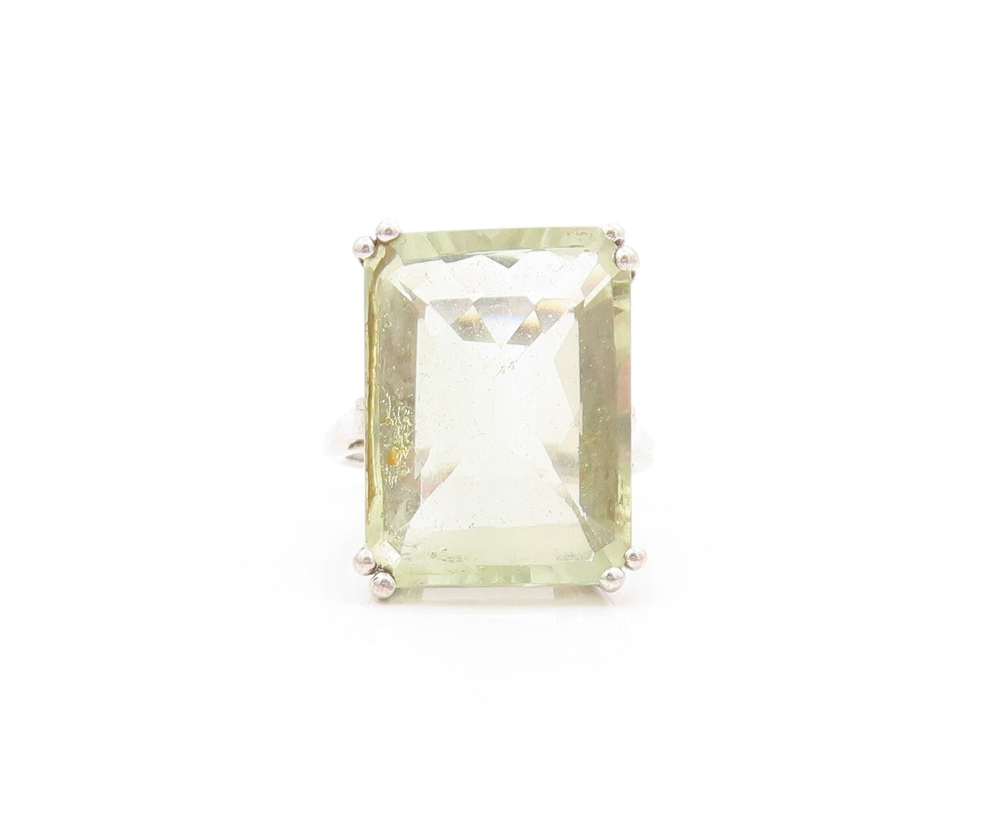 925 Sterling Silver Vintage Ring Rectangle Cut Green Amethyst  Sz 8  RG31888