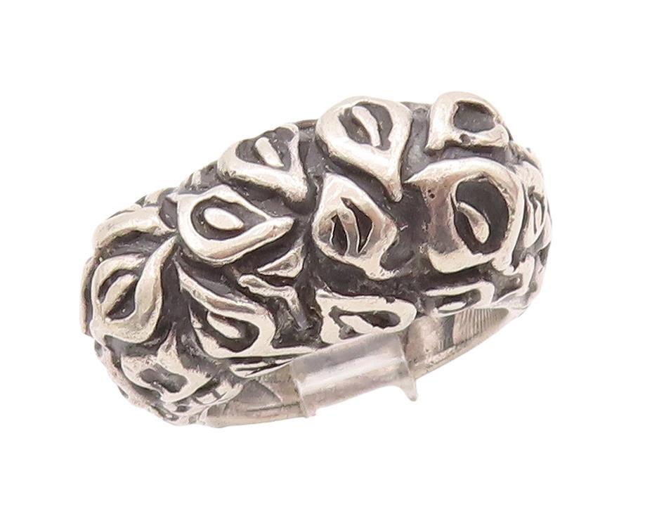 925 Sterling Silver Vintage Ring Solid Domed Carved Leaves  Sz 6 RG28642