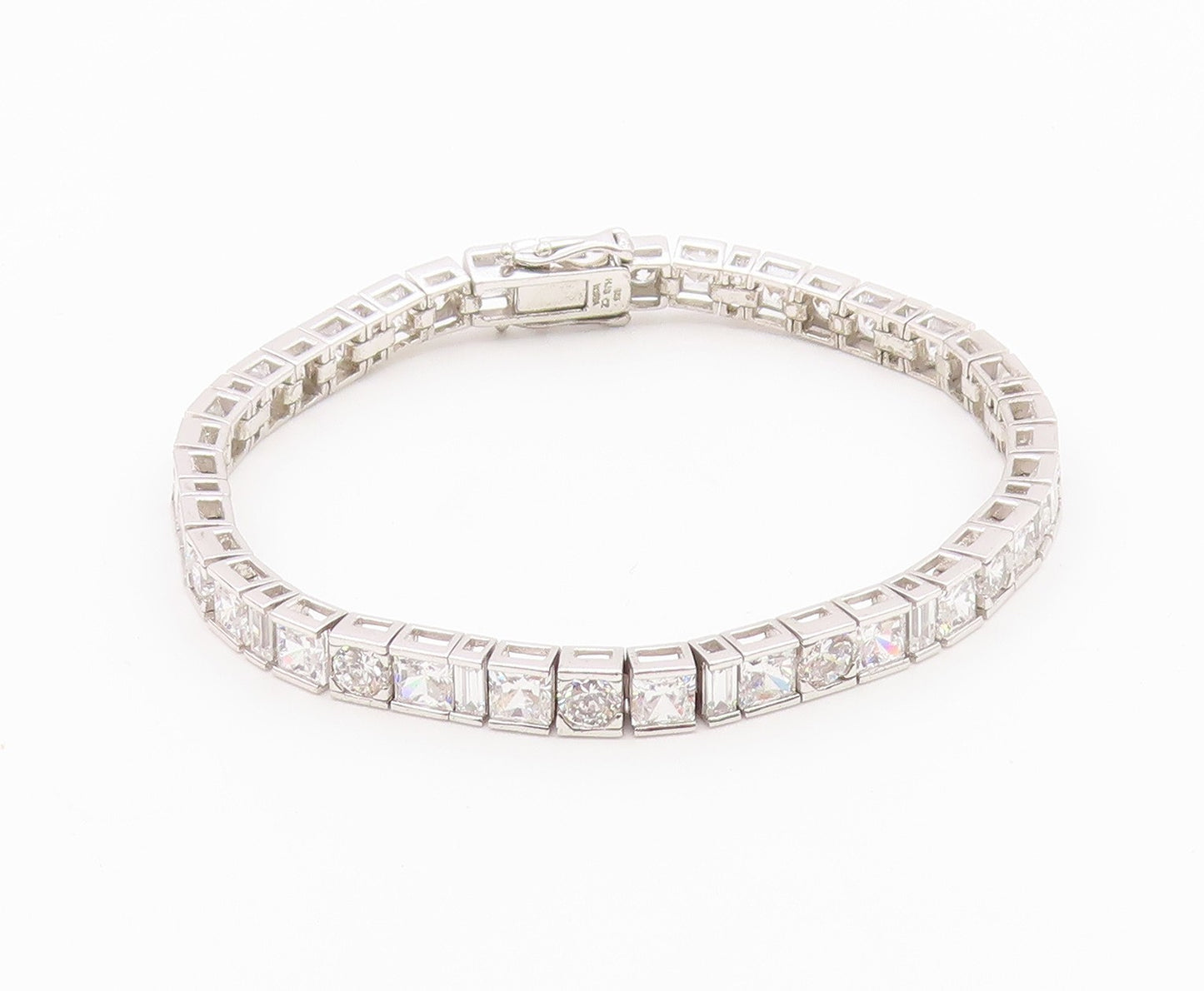 925 Sterling Silver  Vintage Cubic Zirconia Box Link Chain Bracelet  BT8349