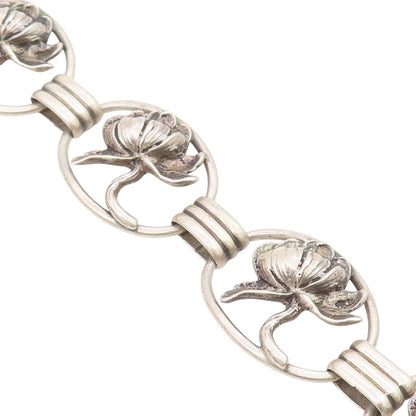 925 Sterling Silver Vintage Bracelet Carved Lotus Botanical Floral Link  BT11669