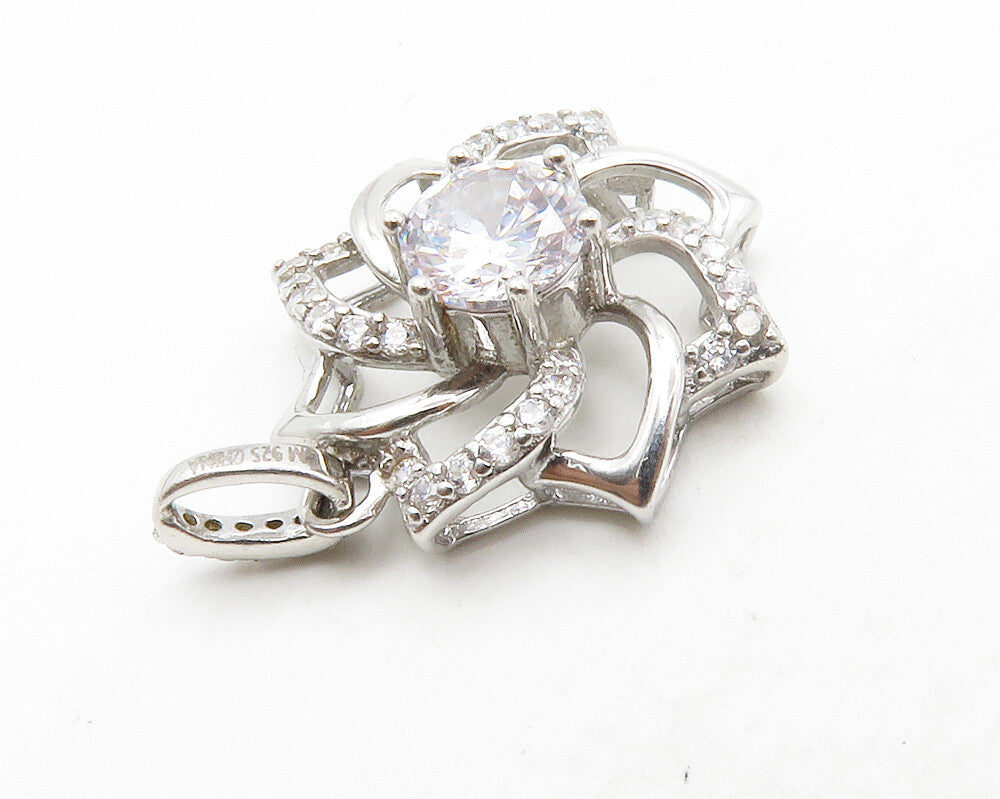 925 Sterling Silver  Shiny Cubic Zirconia Open Flower Motif Pendant  PT10434