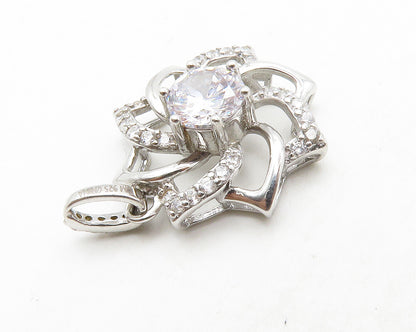 925 Sterling Silver  Shiny Cubic Zirconia Open Flower Motif Pendant  PT10434