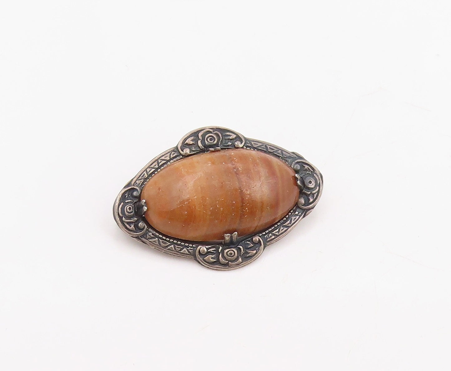 925 Sterling Silver Vintage Brooch Pin Cabochon Agate Victorian Flower  BP12300