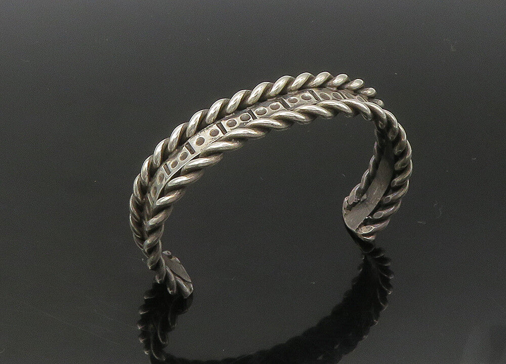 925 Sterling Silver  Vintage Shiny Oxidized Twist Trim Cuff Bracelet  BT8725