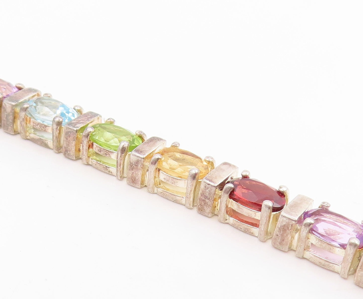 925 Sterling Silver Vintage Bracelet Oval Cut Multi Gemstone Link Chain  BT11461