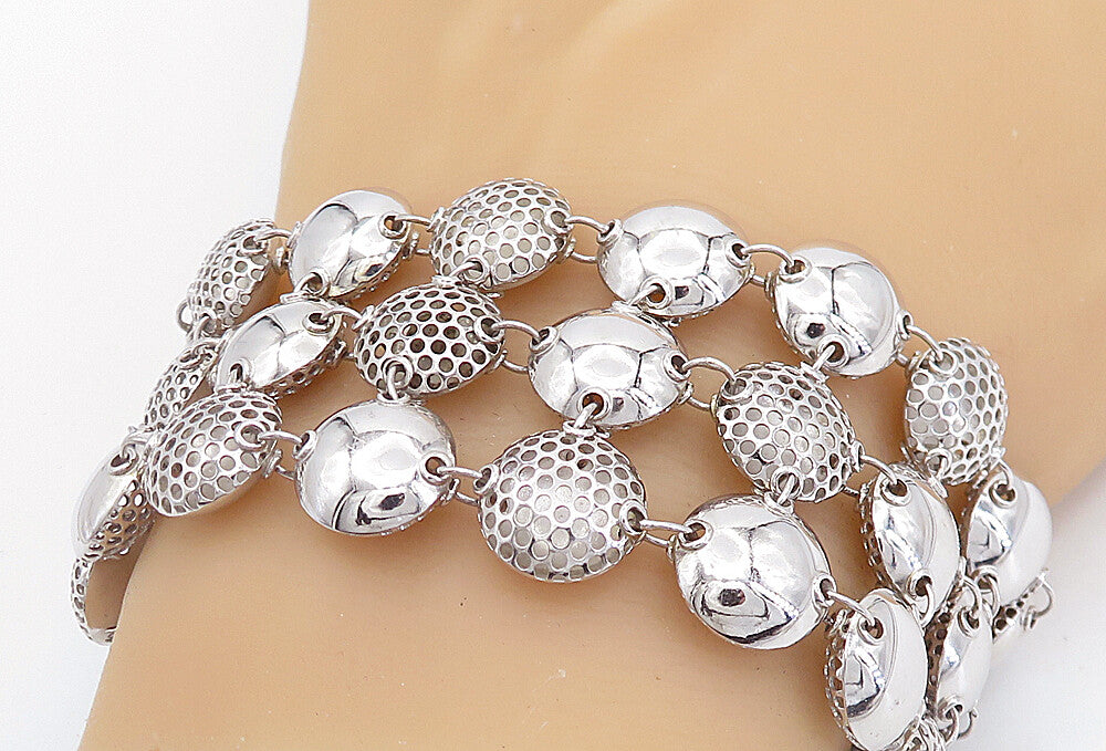 925 Sterling Silver  Hollow Cutout Detail Round Link Chain Bracelet  BT3185