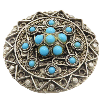 ISRAEL 925 Silver  Vintage Antique Turquoise Floral Pattern Brooch Pin  BP7645