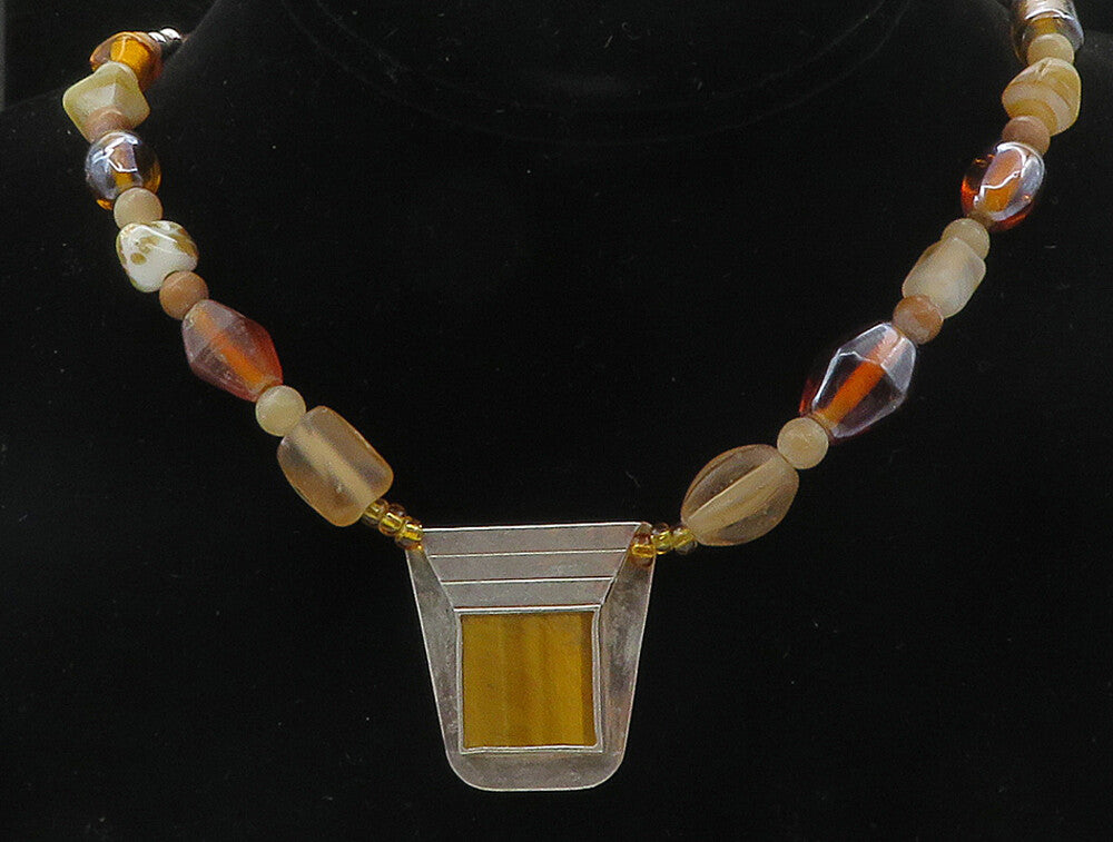 925 Silver  Vintage Tiger's Eye Agate & Carnelian Beaded Necklace  NE1886