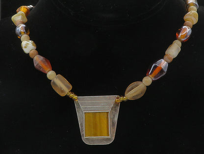 925 Silver  Vintage Tiger's Eye Agate & Carnelian Beaded Necklace  NE1886