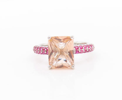 925 Sterling Silver Vintage Ring Rectangle Morganite Pink CZ Band  Sz 7  RG32491
